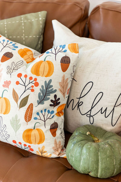 Pumpkin and Leaf Pattern | Pillow Cover | Fall Decor | 18 x 18 | Fleece Lined | Indoor & Outdoor